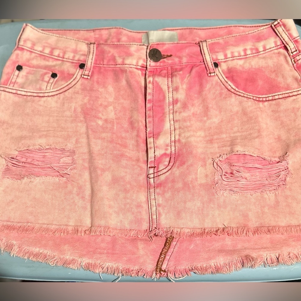 One Teaspoon Pink Distressed Denim Mini Skirt
